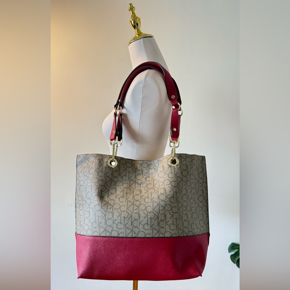 Calvin Klein Red & Tan monogram reversible tote
